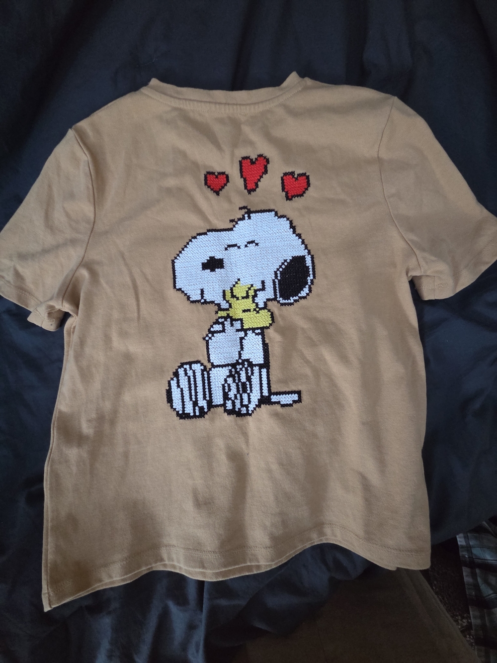 Zara Tan Snoopy Graphic Short Sleeve Tee with Red Heart Accents